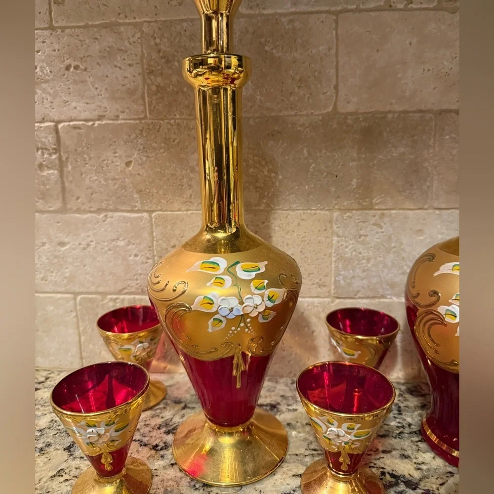 Murano 9 Piece Ruby Red / 24 Karat Signed Set - Tre Fuochi?